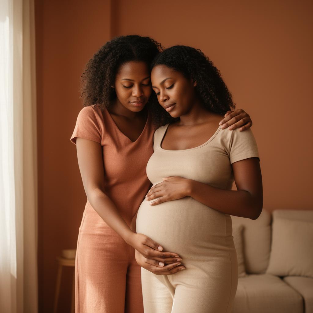 Casal de mulheres negras se abraçando, uma delas grávida